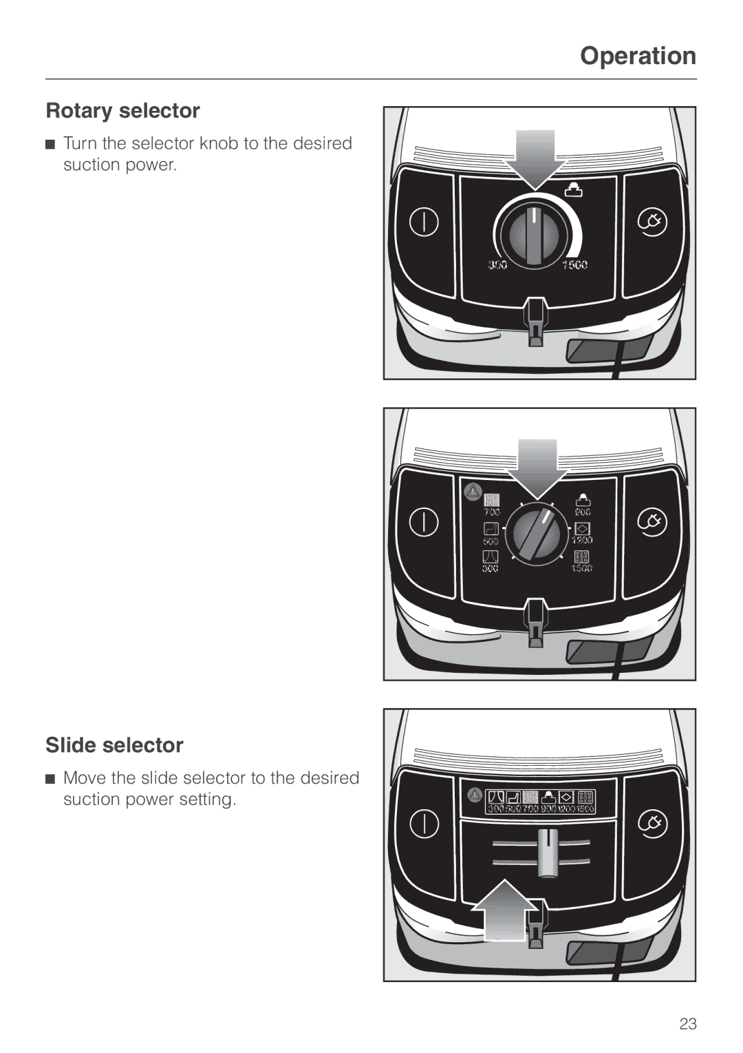 Miele S 600 - S 648, S 500 - S 548 manual Rotary selector, Slide selector 