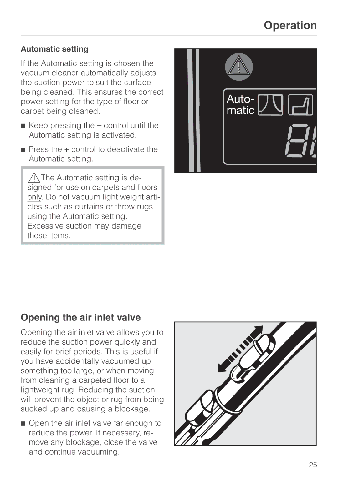 Miele S 600 - S 648, S 500 - S 548 manual Opening the air inlet valve, Automatic setting 