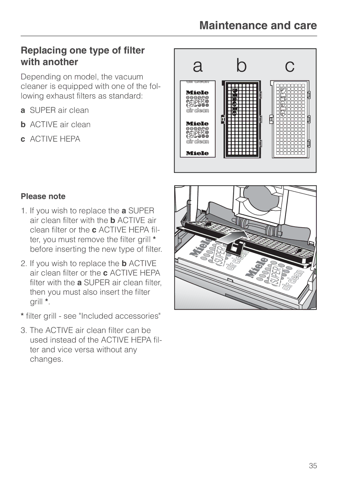 Miele S 600 - S 648, S 500 - S 548 manual Replacing one type of filter with another, Please note 