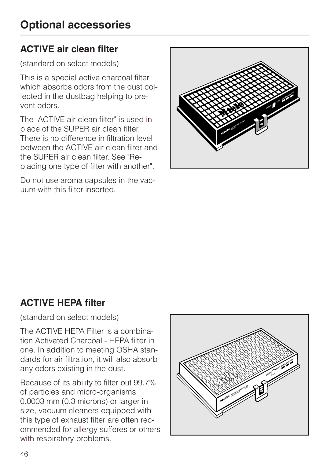 Miele S 500 - S 548, S 600 - S 648 manual Active air clean filter, Active Hepa filter 