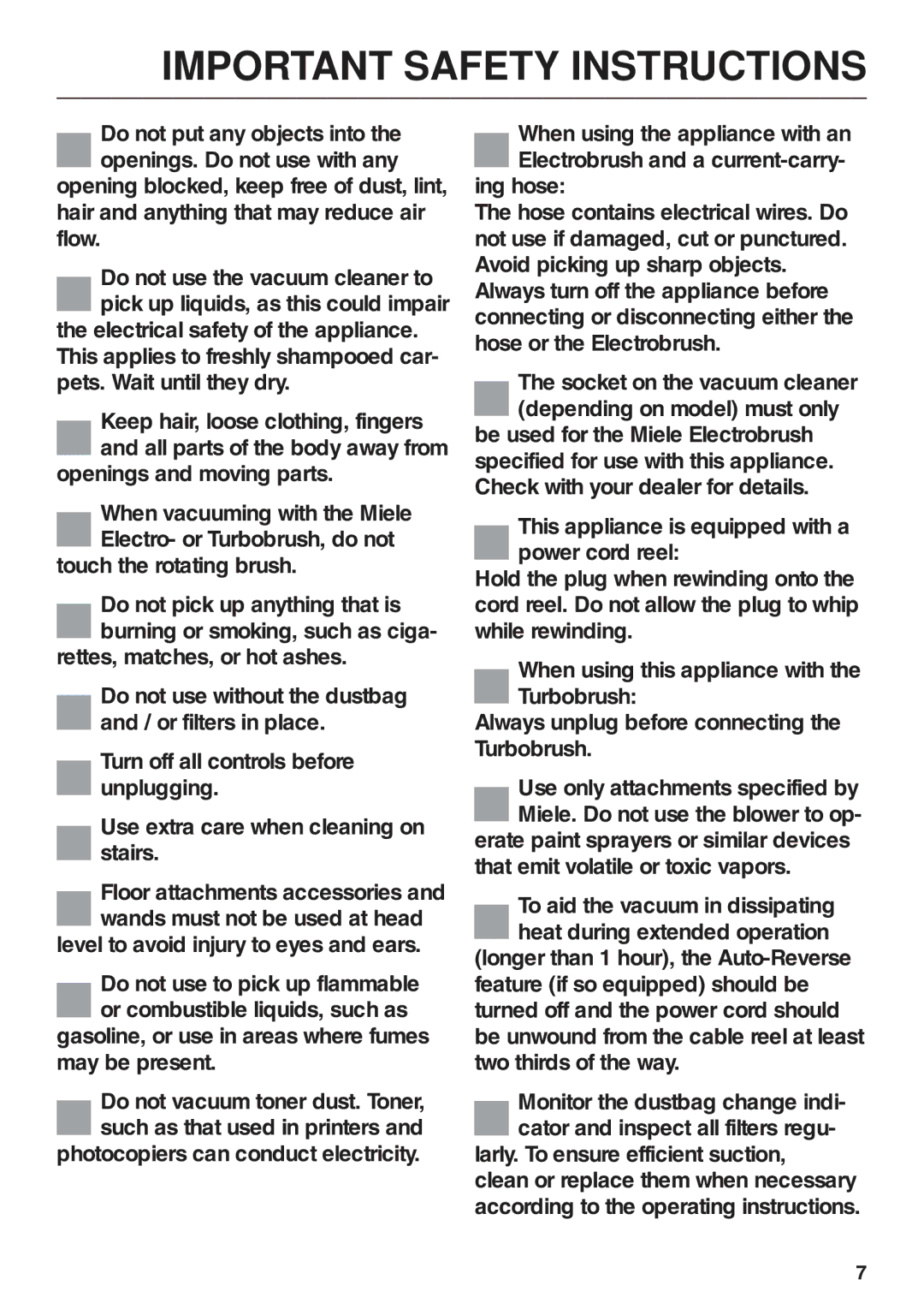 Miele S 600 - S 648, S 500 - S 548 manual Important Safety Instructions 