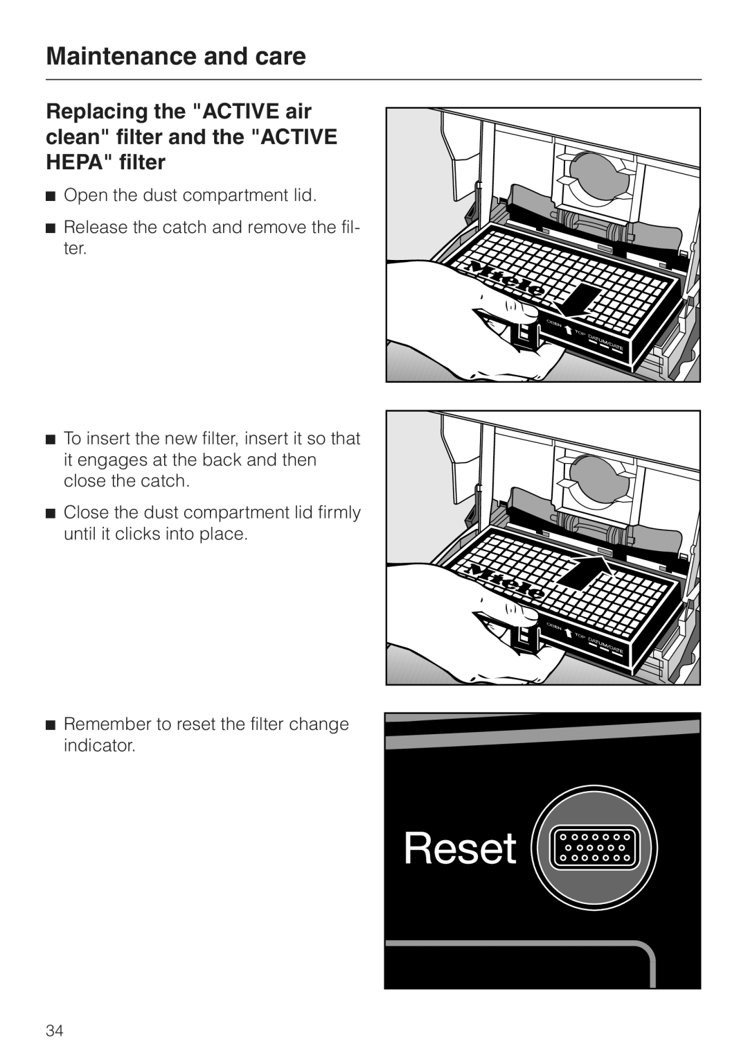 Miele S 500 - S 548 manual Maintenance and care, Open the dust compartment lid, Release the catch and remove the fil- ter 
