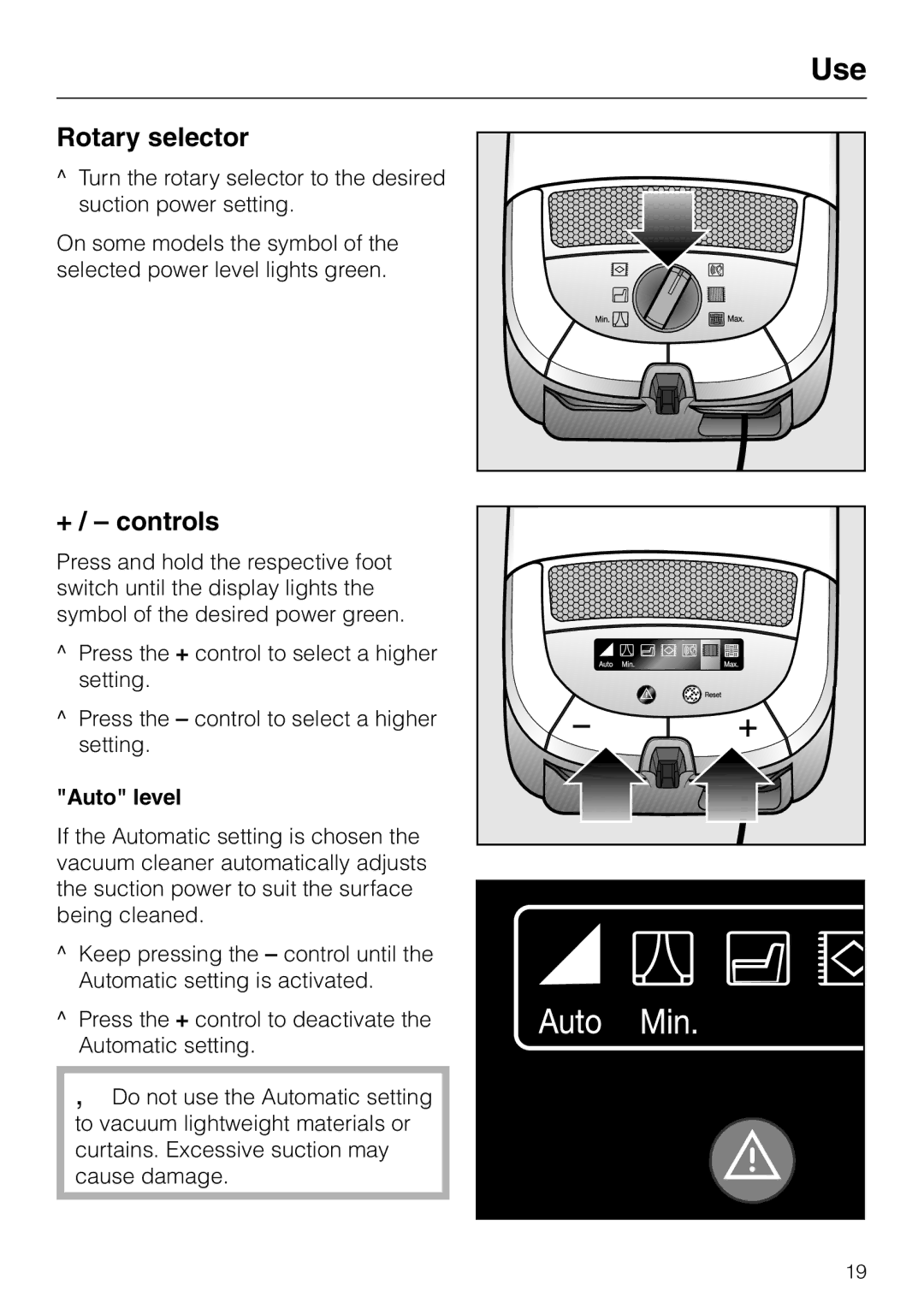 Miele S 5000 operating instructions Rotary selector, + / controls, Auto level 