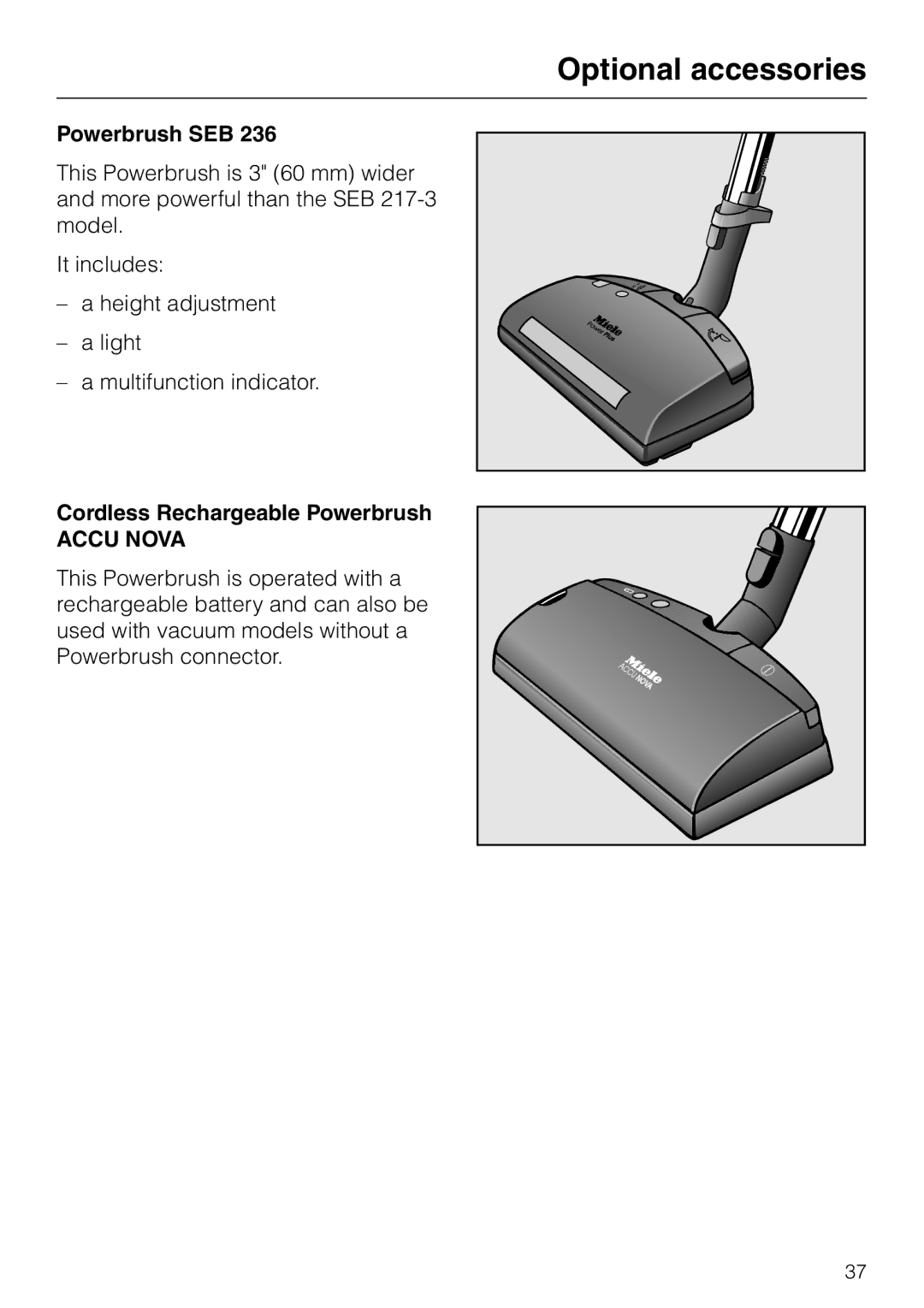 Miele S 5000 operating instructions Cordless Rechargeable Powerbrush, Accu Nova 