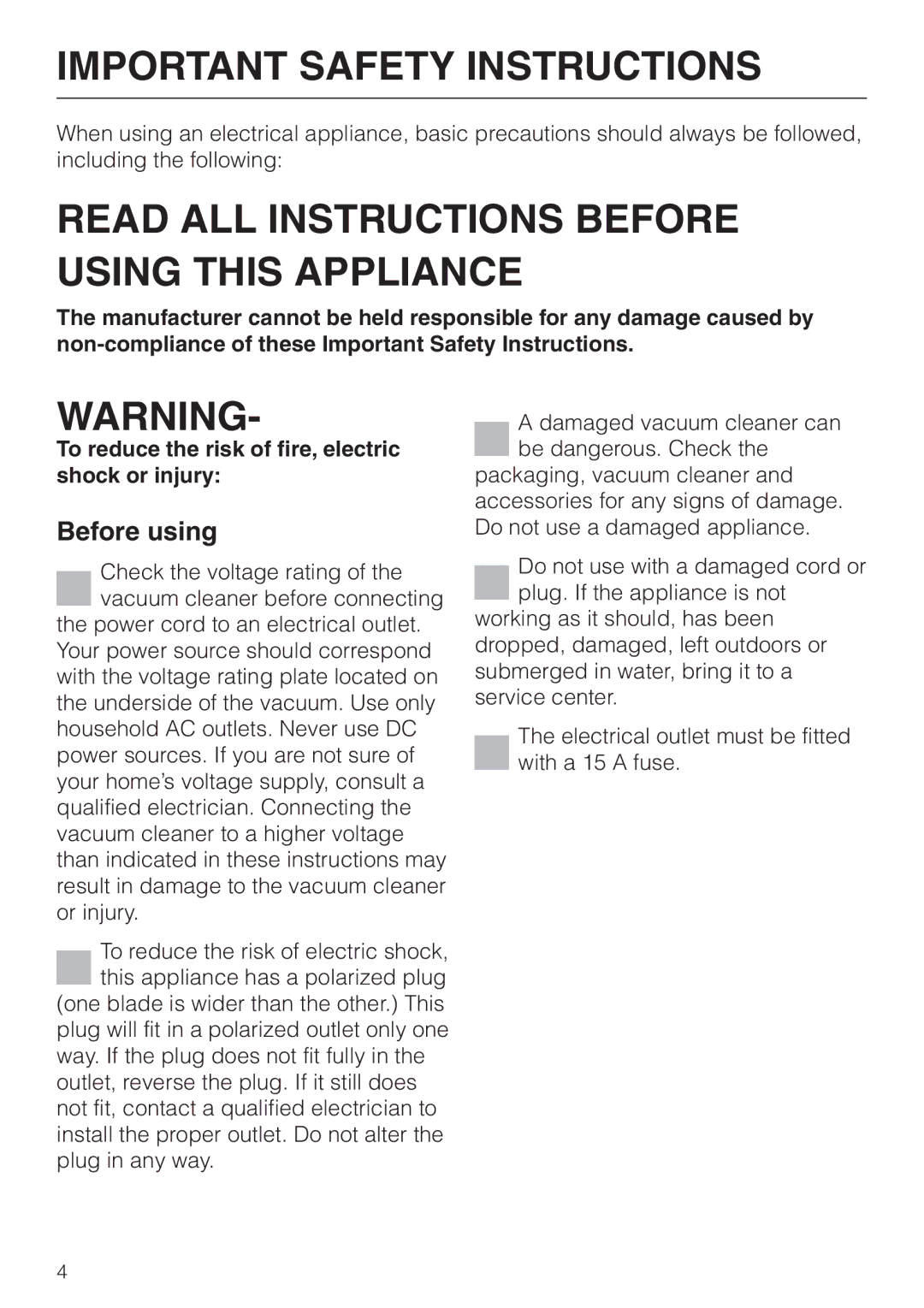 Miele S 5000 operating instructions Important Safety Instructions, Before using 