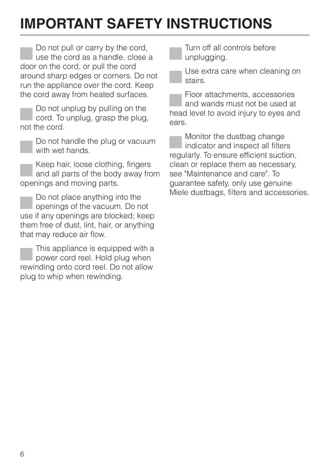 Miele S 5000 operating instructions Important Safety Instructions 