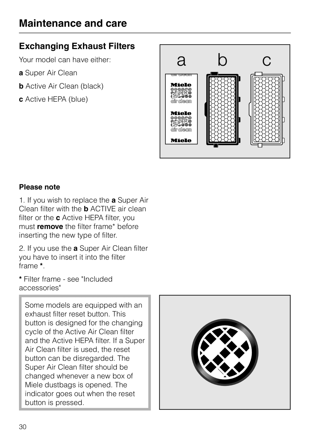 Miele S 5000 operating instructions Exchanging Exhaust Filters, Maintenance and care, Please note 