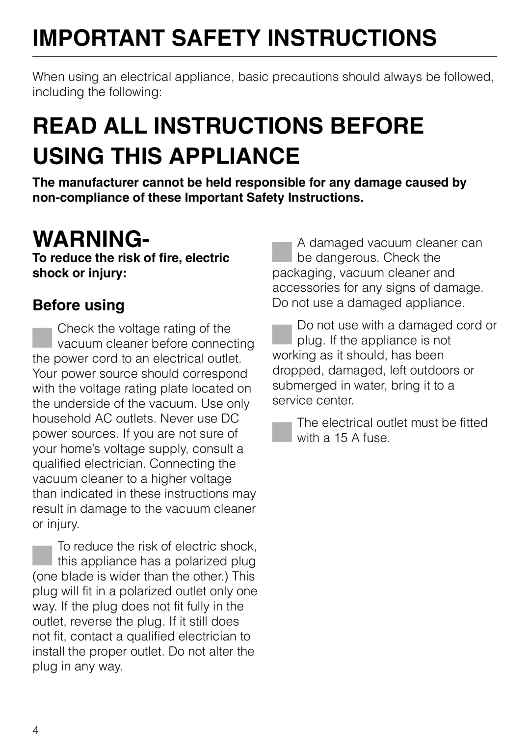 Miele S 5000 Important Safety Instructions, Read All Instructions Before Using This Appliance, Before using 