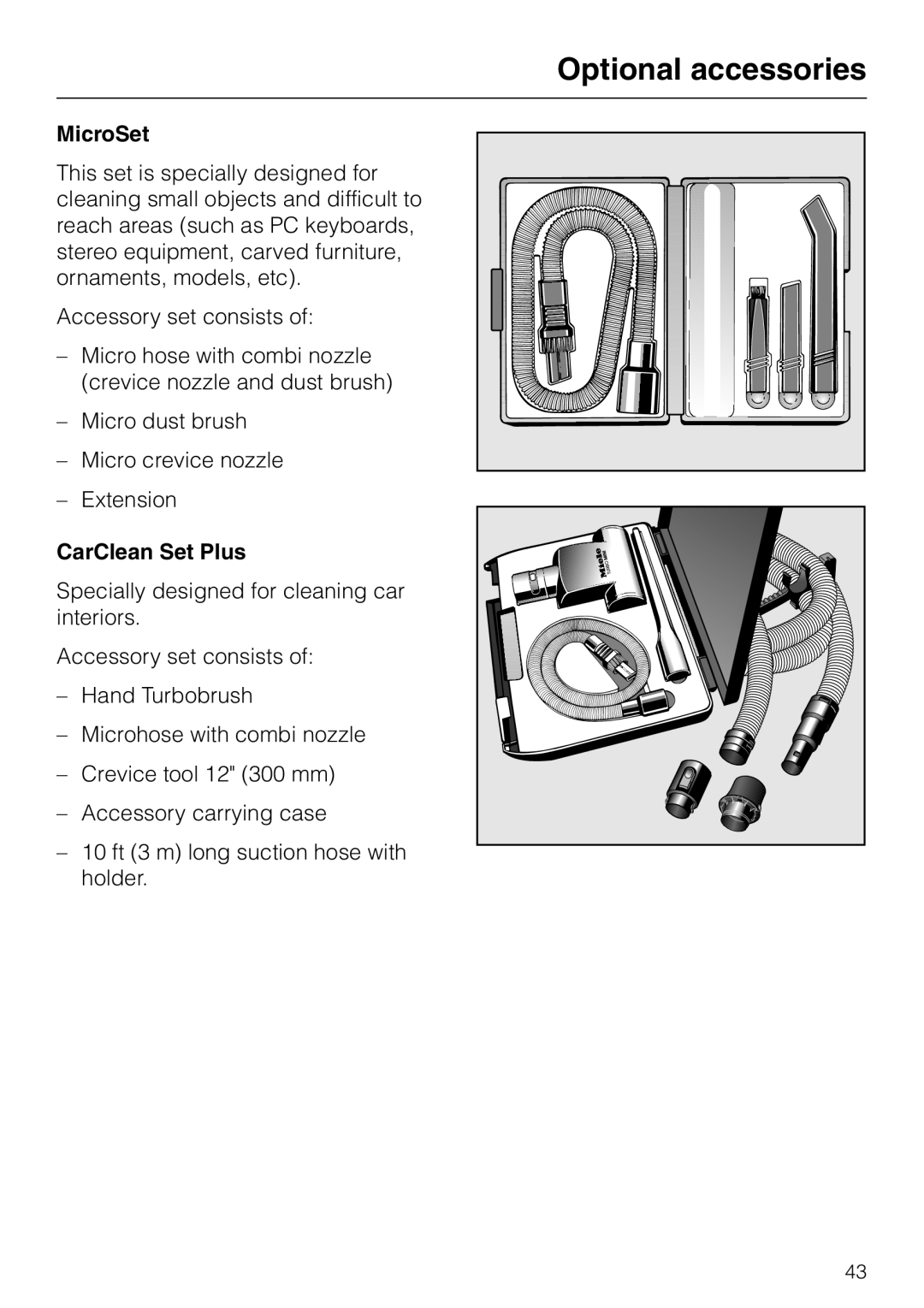 Miele S 5000 operating instructions Optional accessories, MicroSet, CarClean Set Plus 