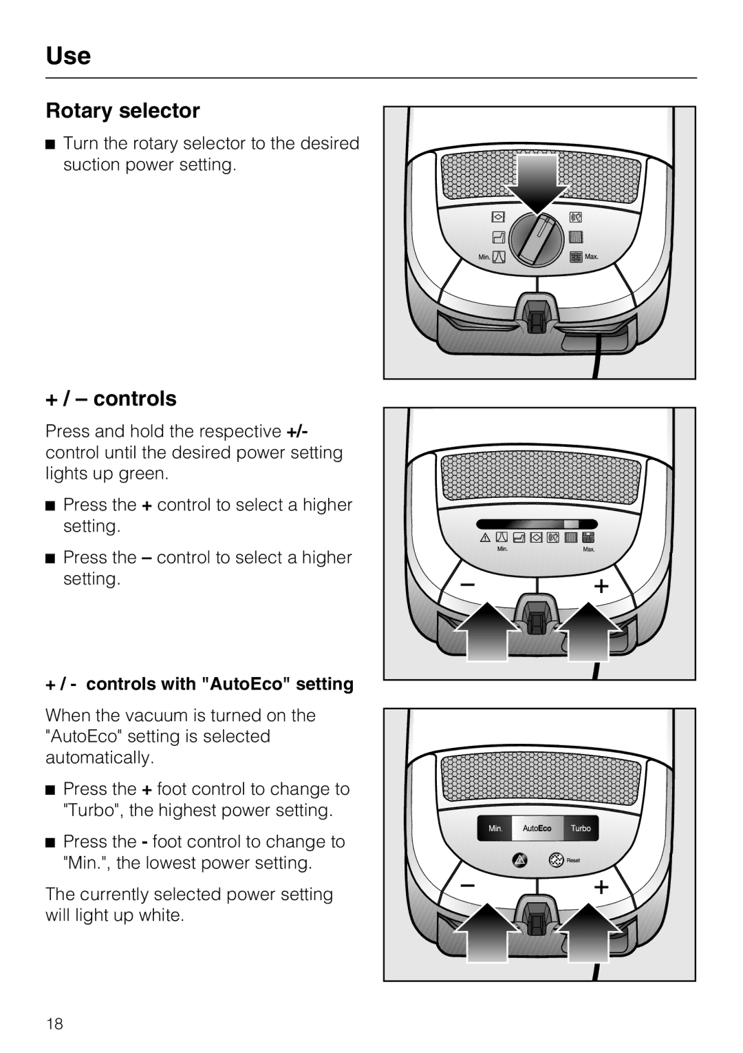 Miele S 5001 manual Rotary selector, + / controls with AutoEco setting 