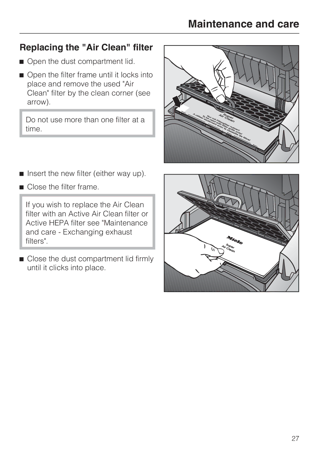 Miele S 5001 manual Replacing the Air Clean filter 