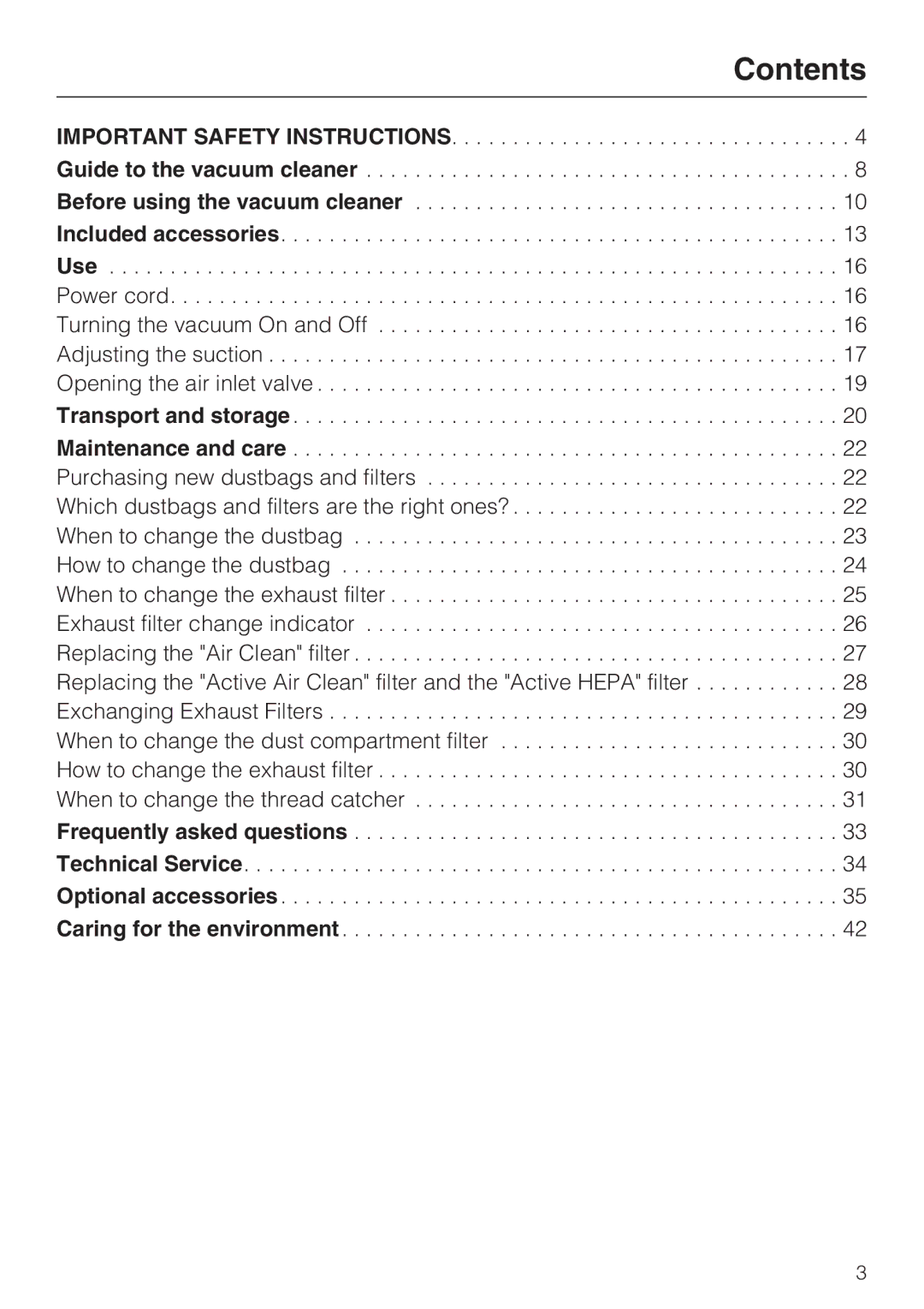 Miele S 5001 manual Contents 