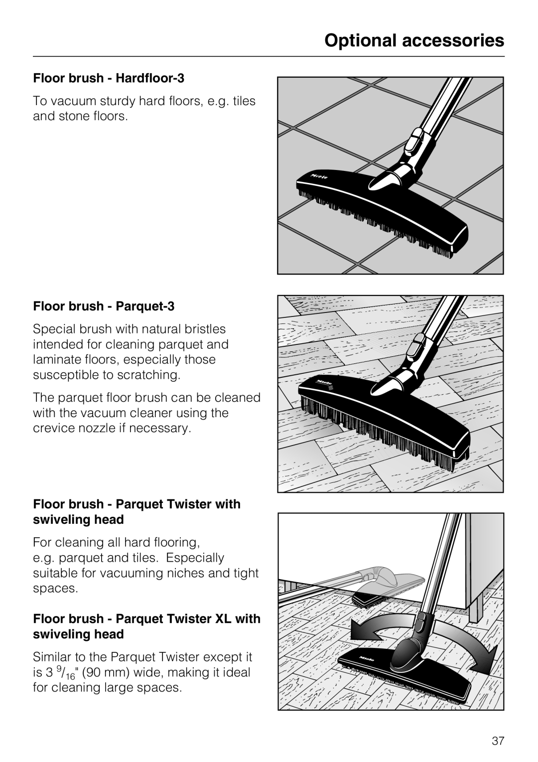 Miele S 5001 manual Floor brush Hardfloor-3, Floor brush Parquet-3, Floor brush Parquet Twister with swiveling head 