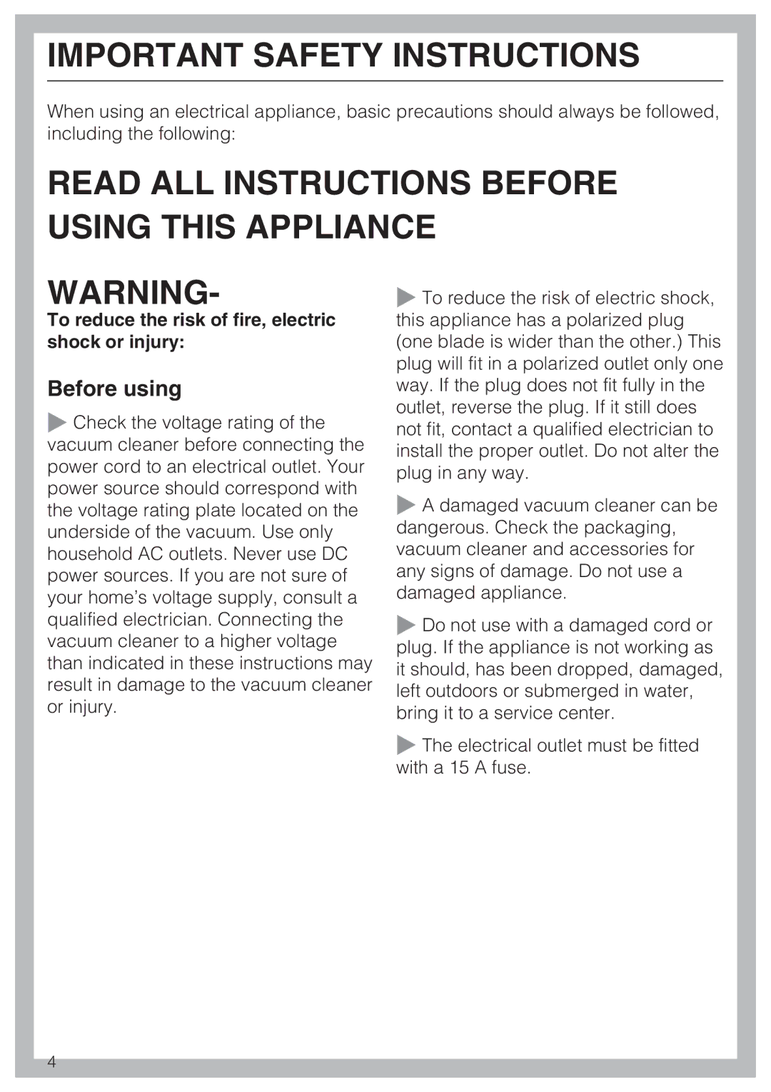 Miele S 5001 manual Before using, To reduce the risk of fire, electric shock or injury 