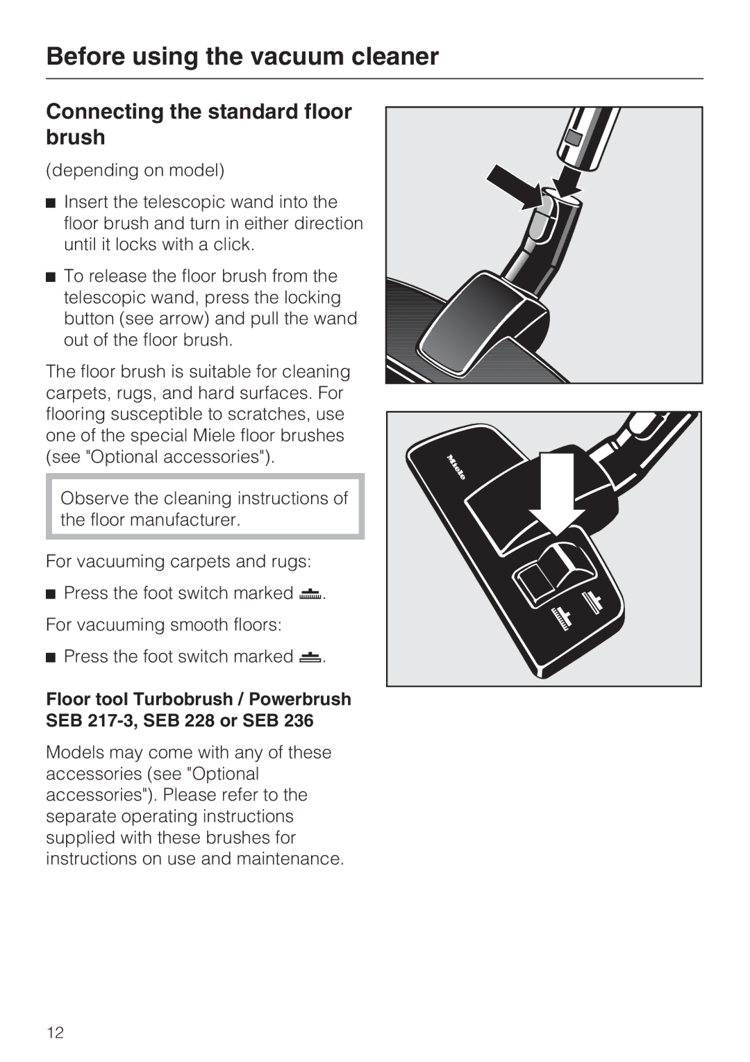 Miele S 5001 Connecting the standard floor brush, Floor tool Turbobrush / Powerbrush SEB 217-3, SEB 228 or SEB 