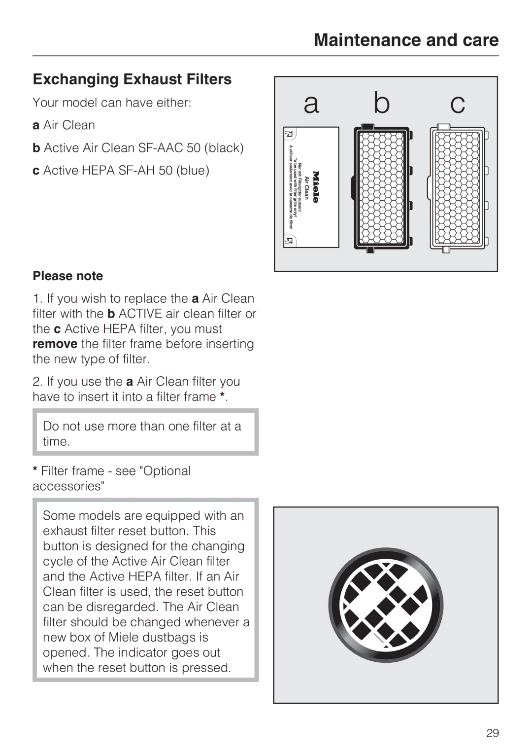 Miele S 5001 operating instructions Exchanging Exhaust Filters, Please note 