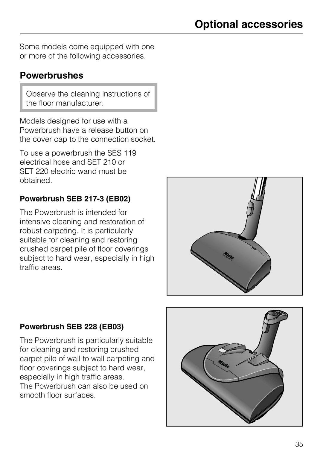 Miele S 5001 operating instructions Optional accessories, Powerbrushes, Powerbrush SEB 217-3 EB02, Powerbrush SEB 228 EB03 