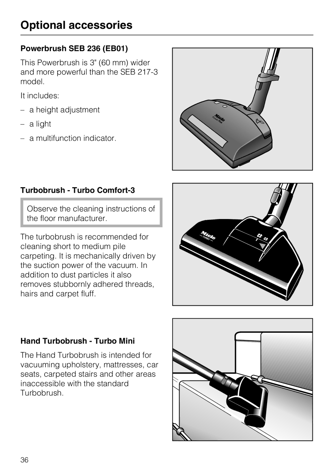 Miele S 5001 operating instructions Powerbrush SEB 236 EB01, Turbobrush Turbo Comfort-3, Hand Turbobrush Turbo Mini 