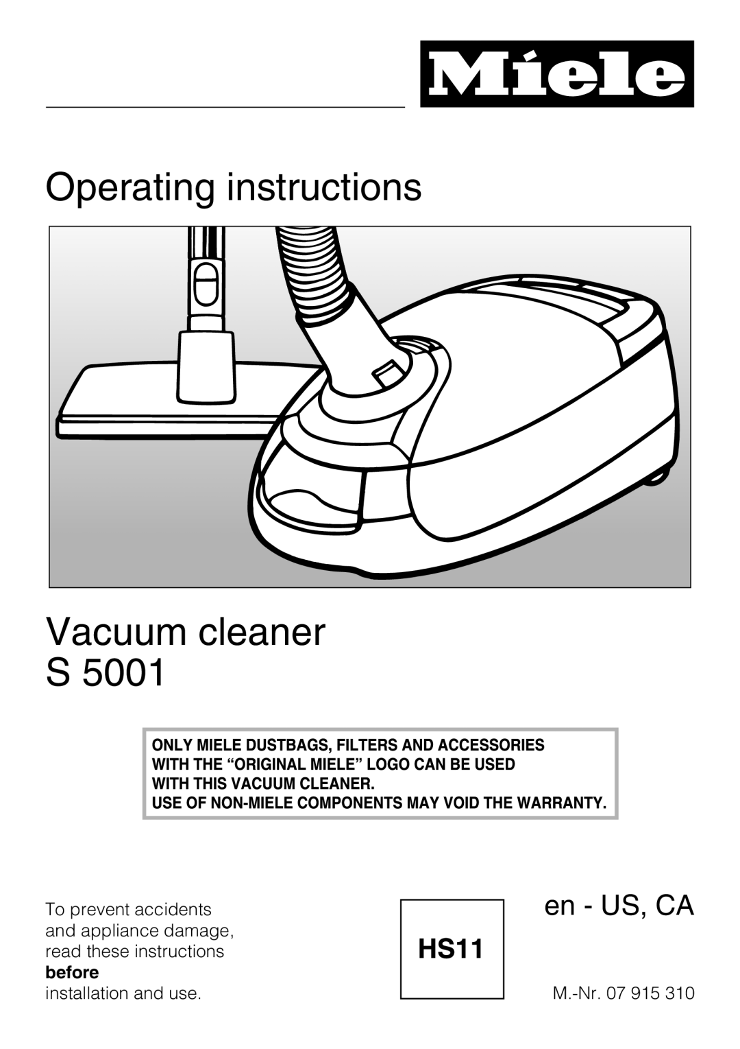 Miele S 5001 manual Operating instructions Vacuum cleaner S, en - US, CA 