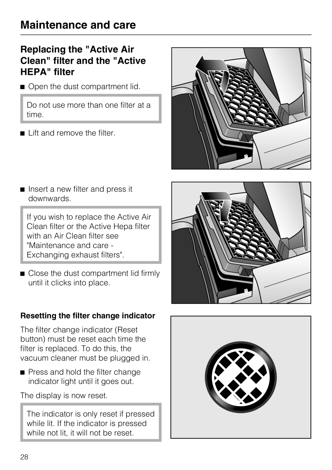 Miele S 5001 manual Maintenance and care, Resetting the filter change indicator 