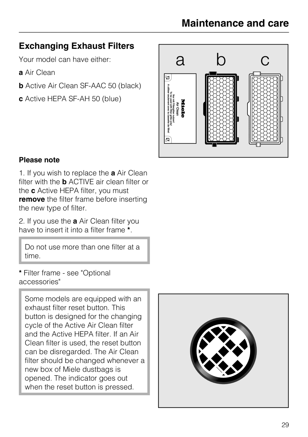 Miele S 5001 manual Exchanging Exhaust Filters, Maintenance and care, Please note 