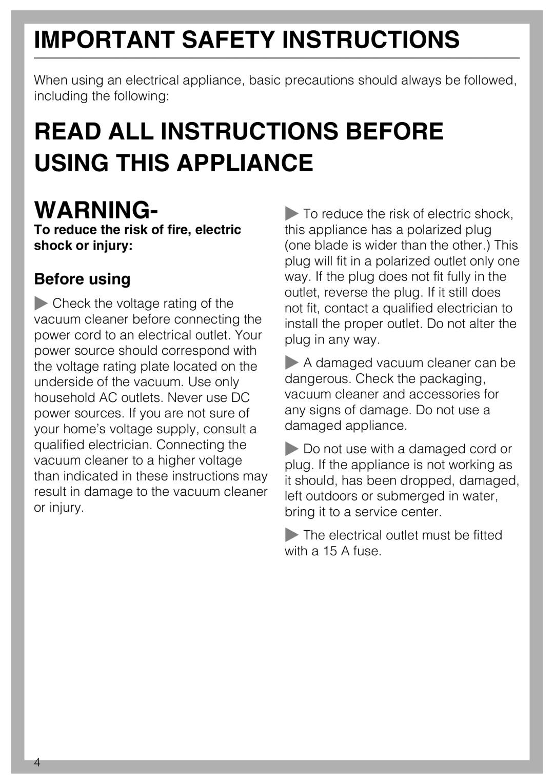 Miele S 5001 manual Important Safety Instructions, Read All Instructions Before Using This Appliance, Before using 