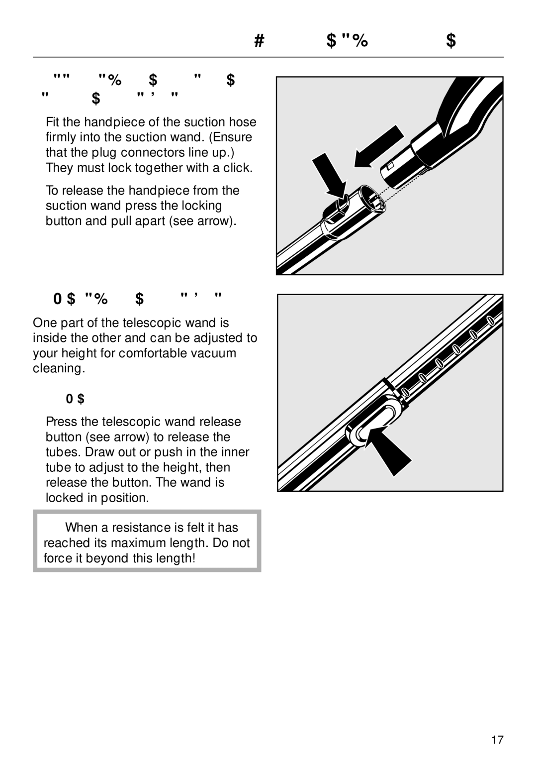 Miele S 558 manual Connecting the suction hose and the suction wand, Adjusting the suction wand, To adjust 