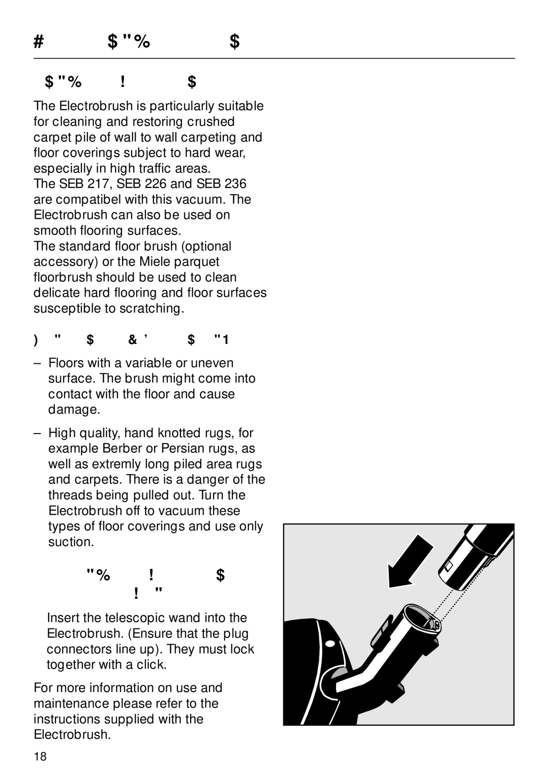 Miele S 558 manual Using the Electrobrush, Attaching the Electrobrush to the vacuum cleaner, Do not use the powerbrush on 