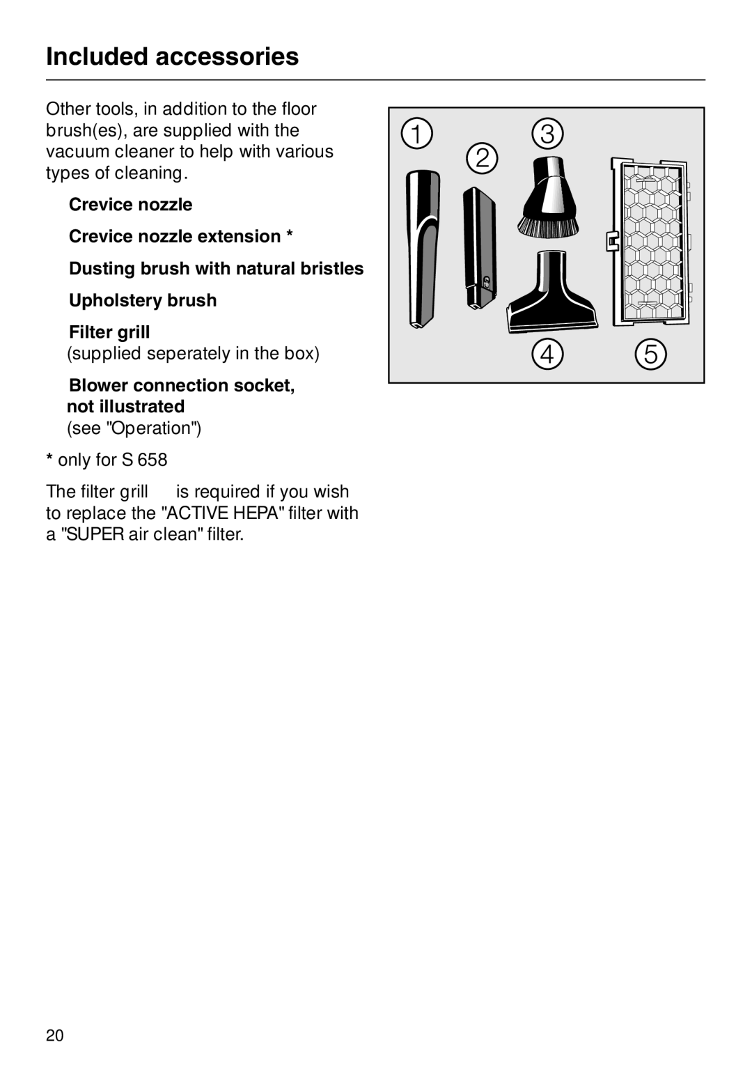 Miele S 558 manual Included accessories, Blower connection socket, not illustrated 