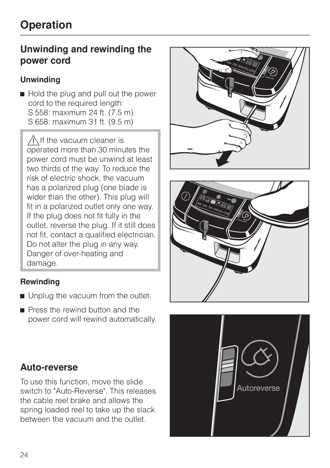 Miele S 558 manual Operation, Unwinding and rewinding the power cord, Auto-reverse, Rewinding 