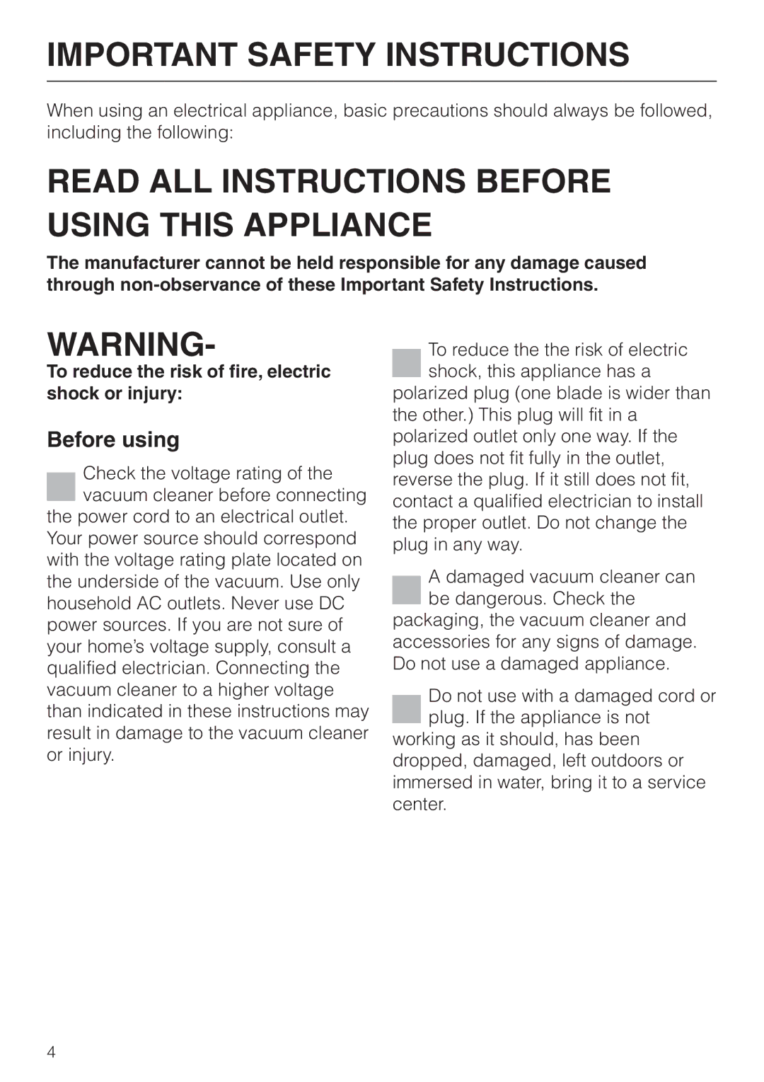 Miele S 558 manual Important Safety Instructions, Before using 