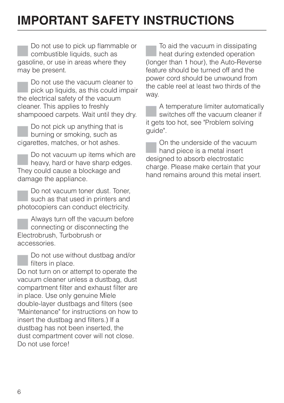 Miele S 558 manual Important Safety Instructions 