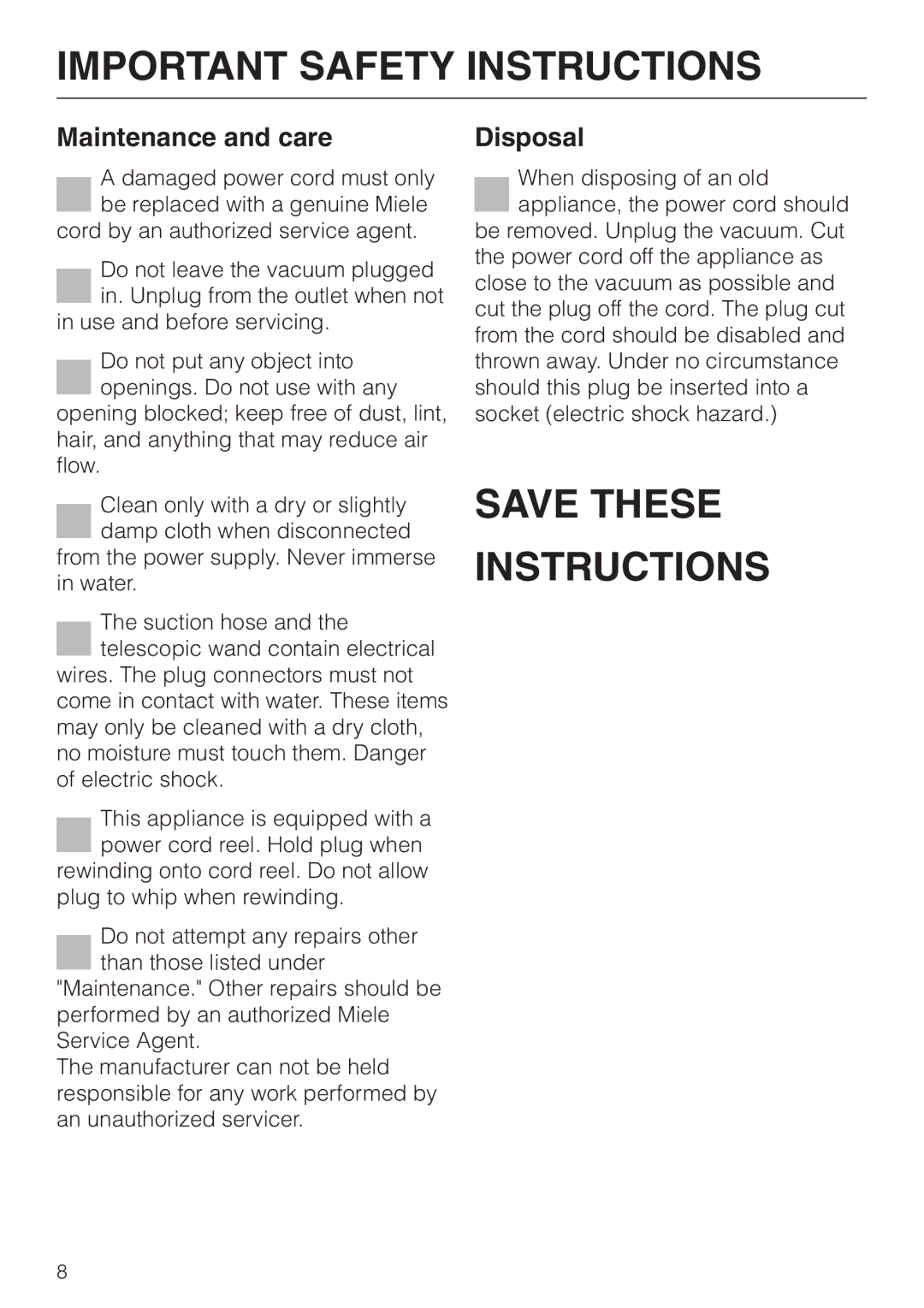 Miele S 558 manual Maintenance and care, Disposal 