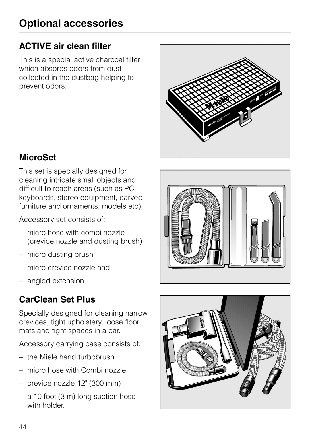 Miele S 558 manual ACTIVE air clean filter, MicroSet, CarClean Set Plus, Optional accessories 