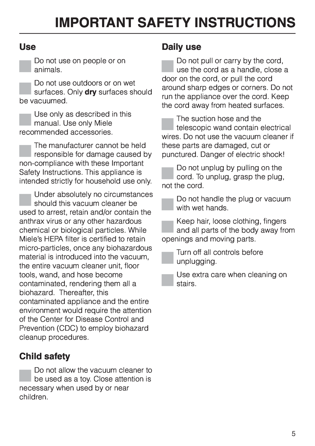 Miele S 558 manual Child safety, Daily use, Important Safety Instructions 