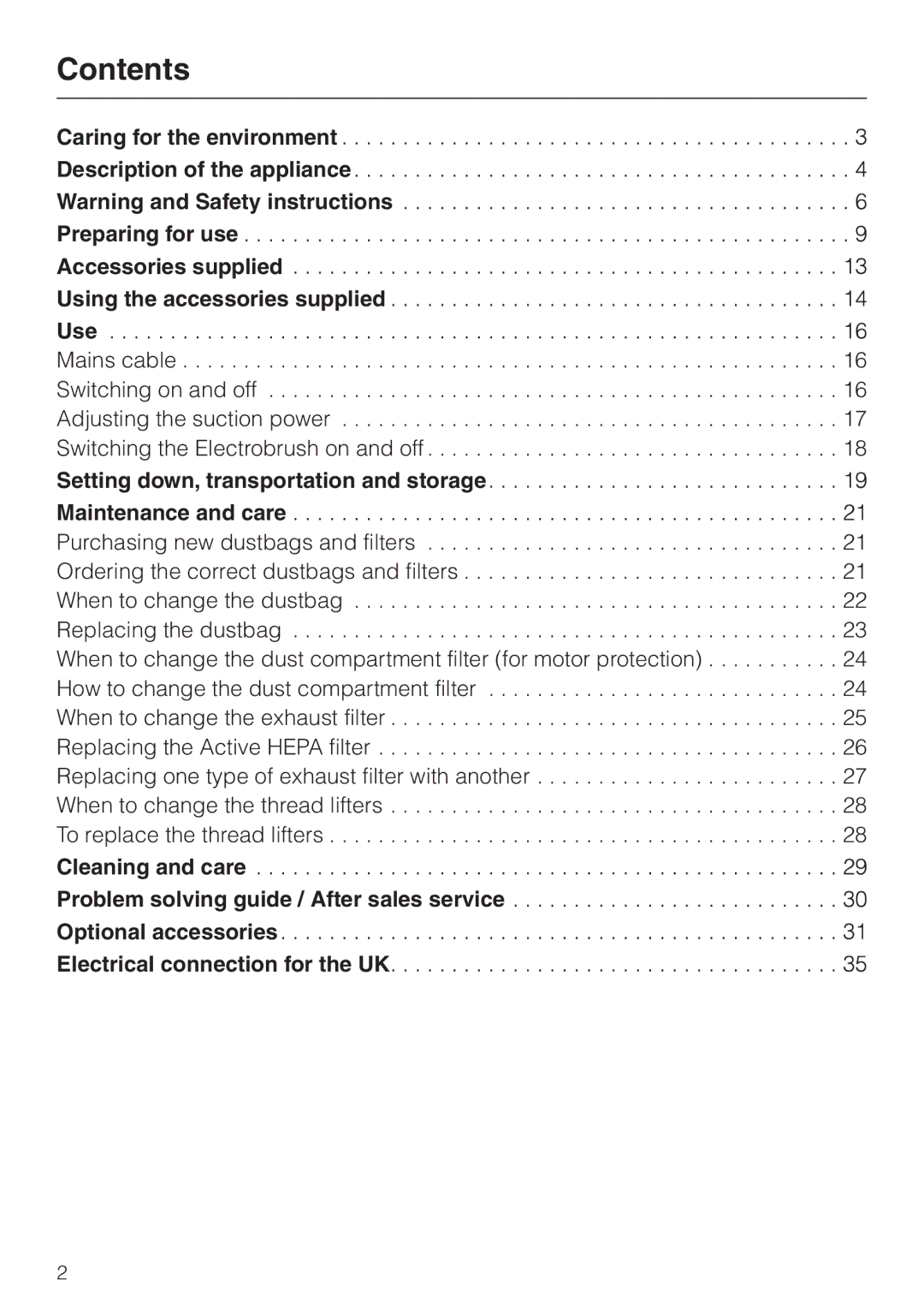 Miele S 5980 manual Contents 