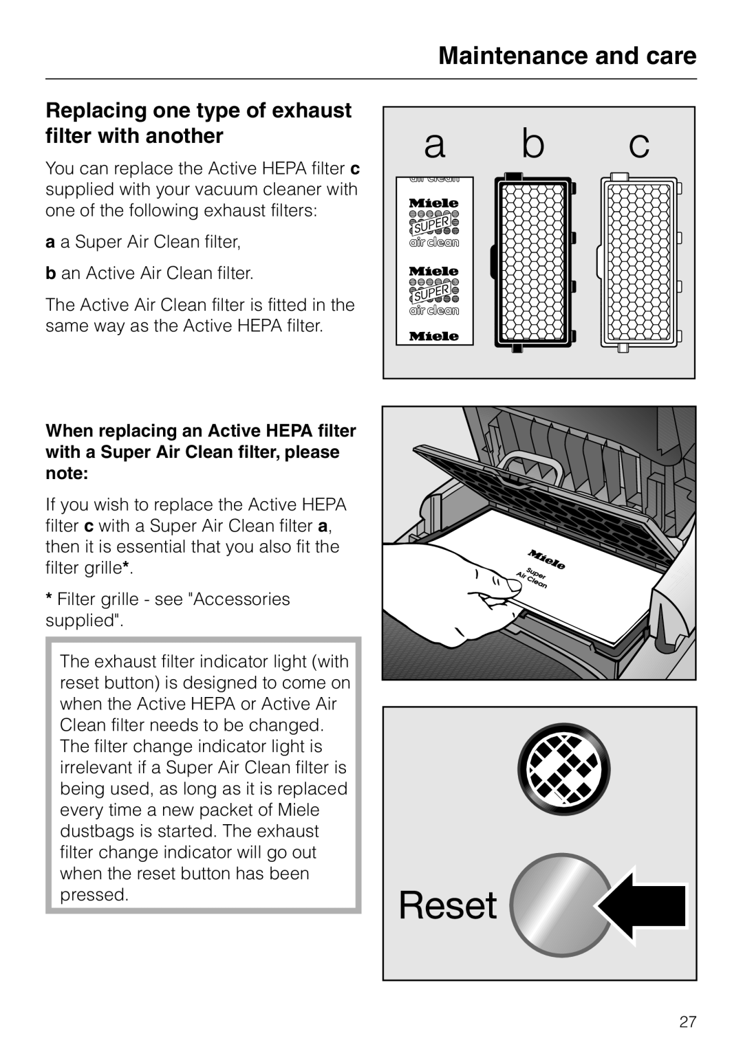 Miele S 5980 manual Replacing one type of exhaust filter with another 