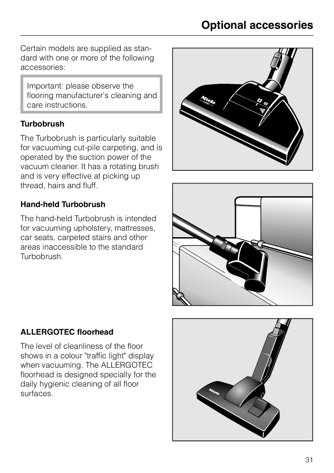 Miele S 5980 manual Optional accessories, Hand-held Turbobrush, Allergotec floorhead 