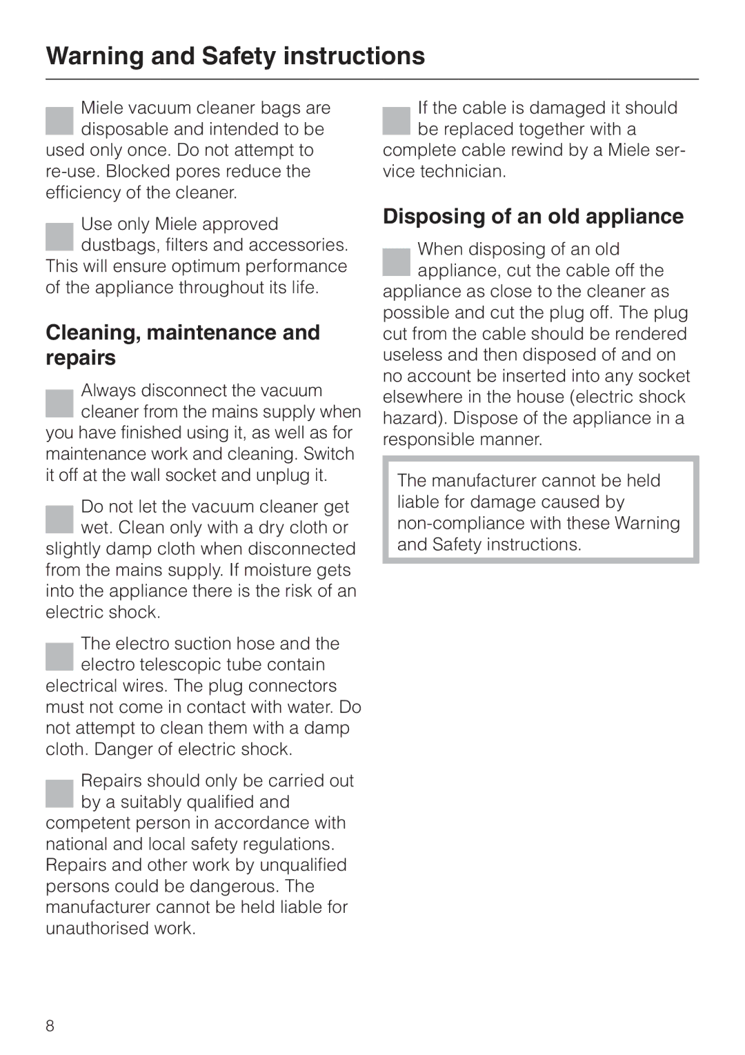 Miele S 5980 manual Cleaning, maintenance and repairs, Disposing of an old appliance 