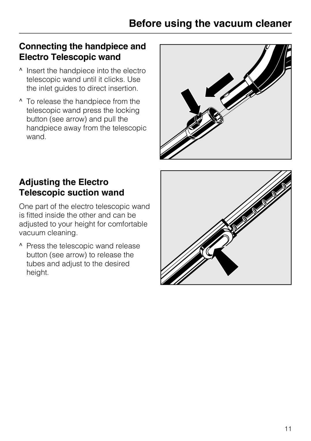 Miele S 5980 Connecting the handpiece Electro Telescopic wand, Adjusting the Electro Telescopic suction wand 