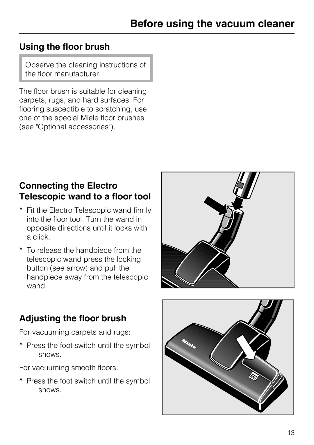 Miele S 5980 Using the floor brush, Connecting the Electro Telescopic wand to a floor tool, Adjusting the floor brush 