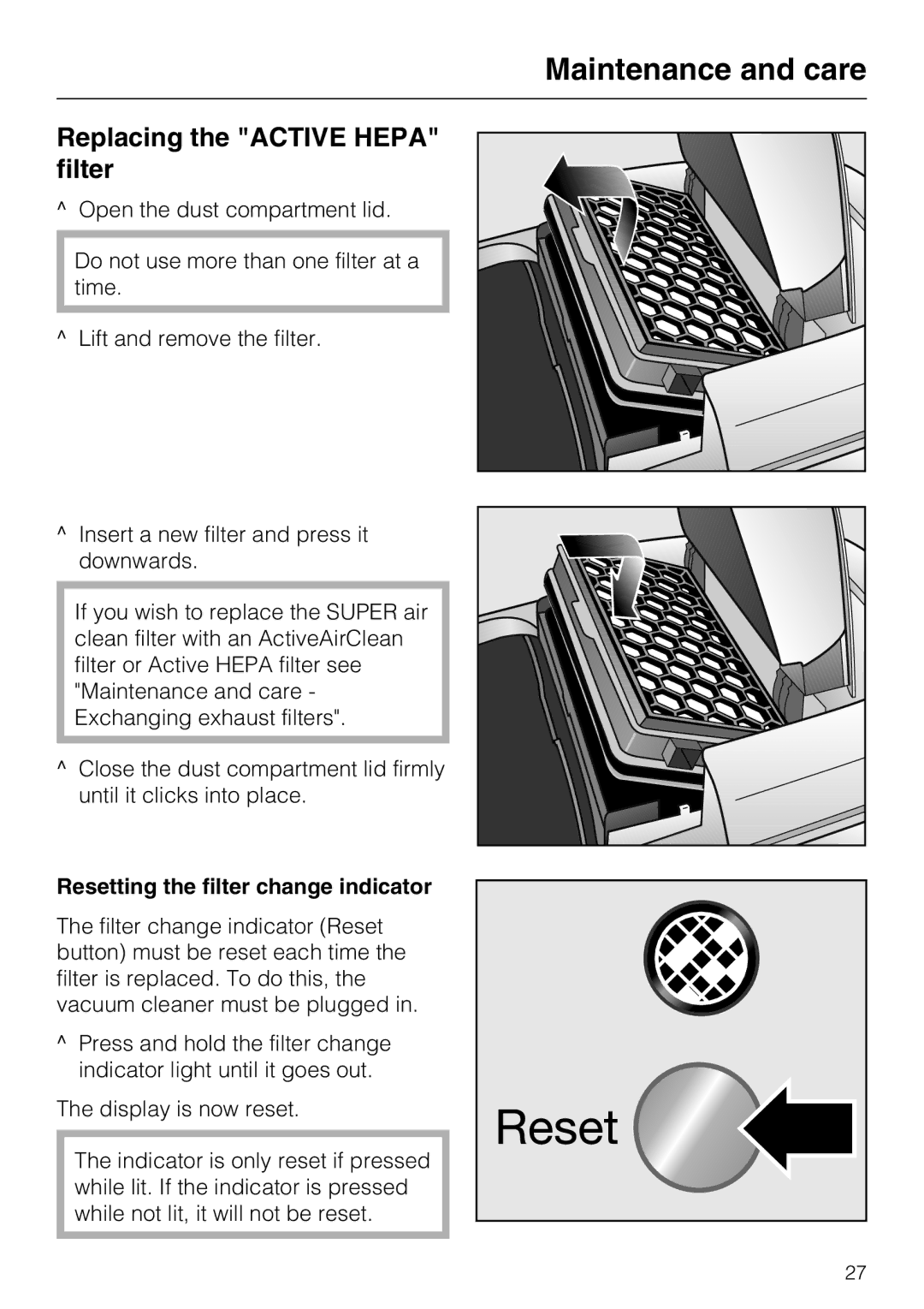 Miele S 5980 operating instructions Replacing the Active Hepa filter, Resetting the filter change indicator 