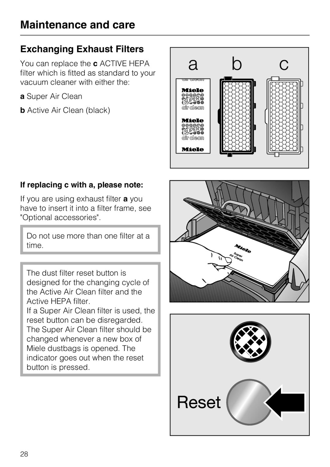 Miele S 5980 operating instructions Exchanging Exhaust Filters, If replacing c with a, please note 