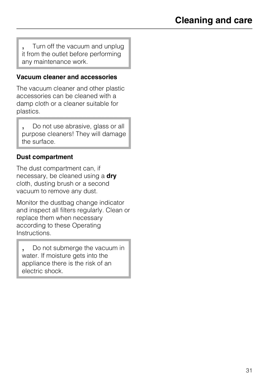 Miele S 5980 operating instructions Cleaning and care, Vacuum cleaner and accessories, Dust compartment 