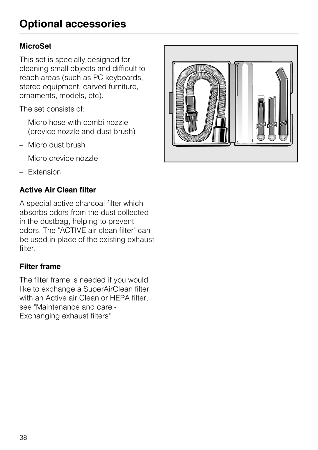 Miele S 5980 operating instructions MicroSet, Active Air Clean filter, Filter frame 