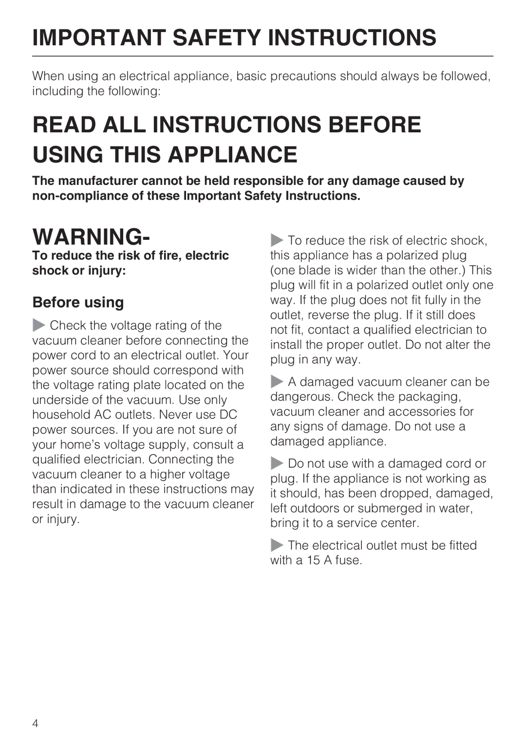 Miele S 5980 operating instructions Important Safety Instructions, Before using 