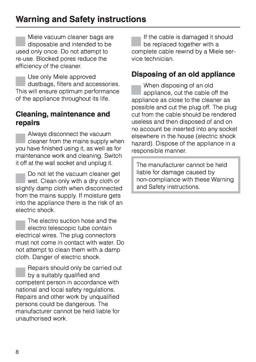 Miele S 5980 manual Cleaning, maintenance and repairs, Disposing of an old appliance, Warning and Safety instructions 