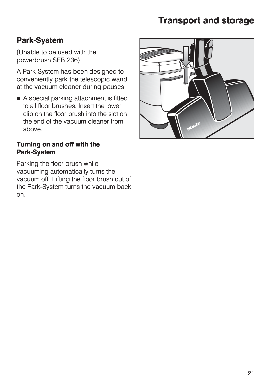 Miele S 5980 operating instructions Transport and storage, Park-System 