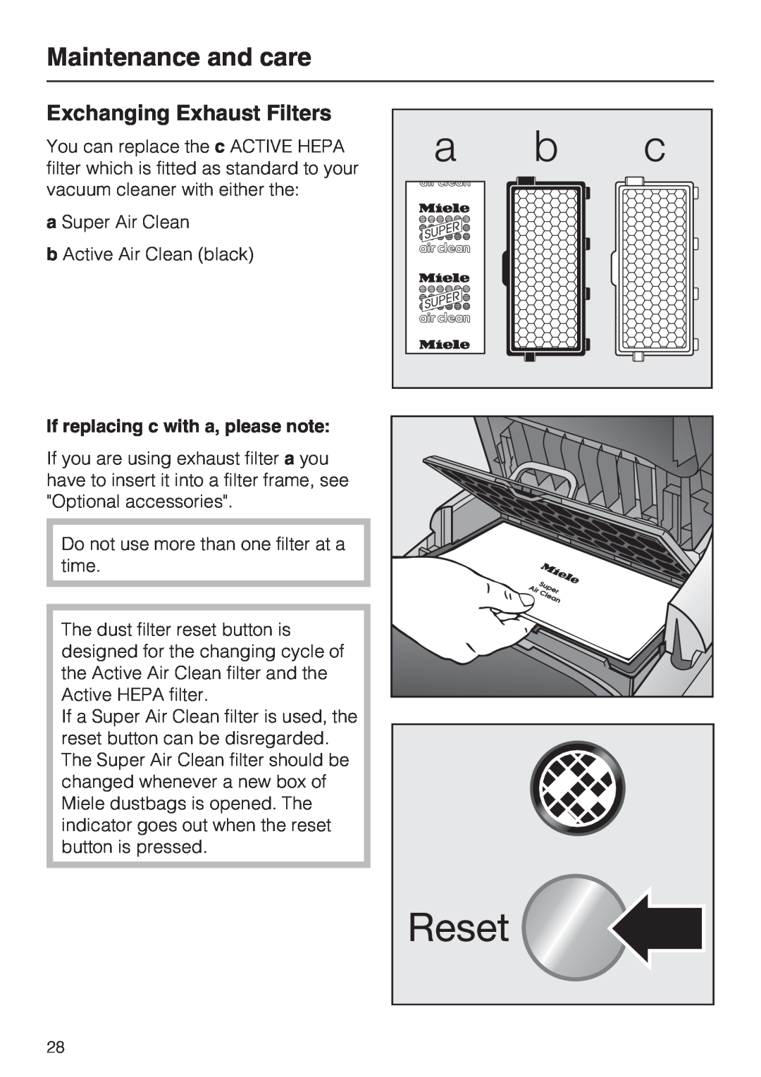 Miele S 5980 operating instructions Exchanging Exhaust Filters, Maintenance and care, If replacing c with a, please note 