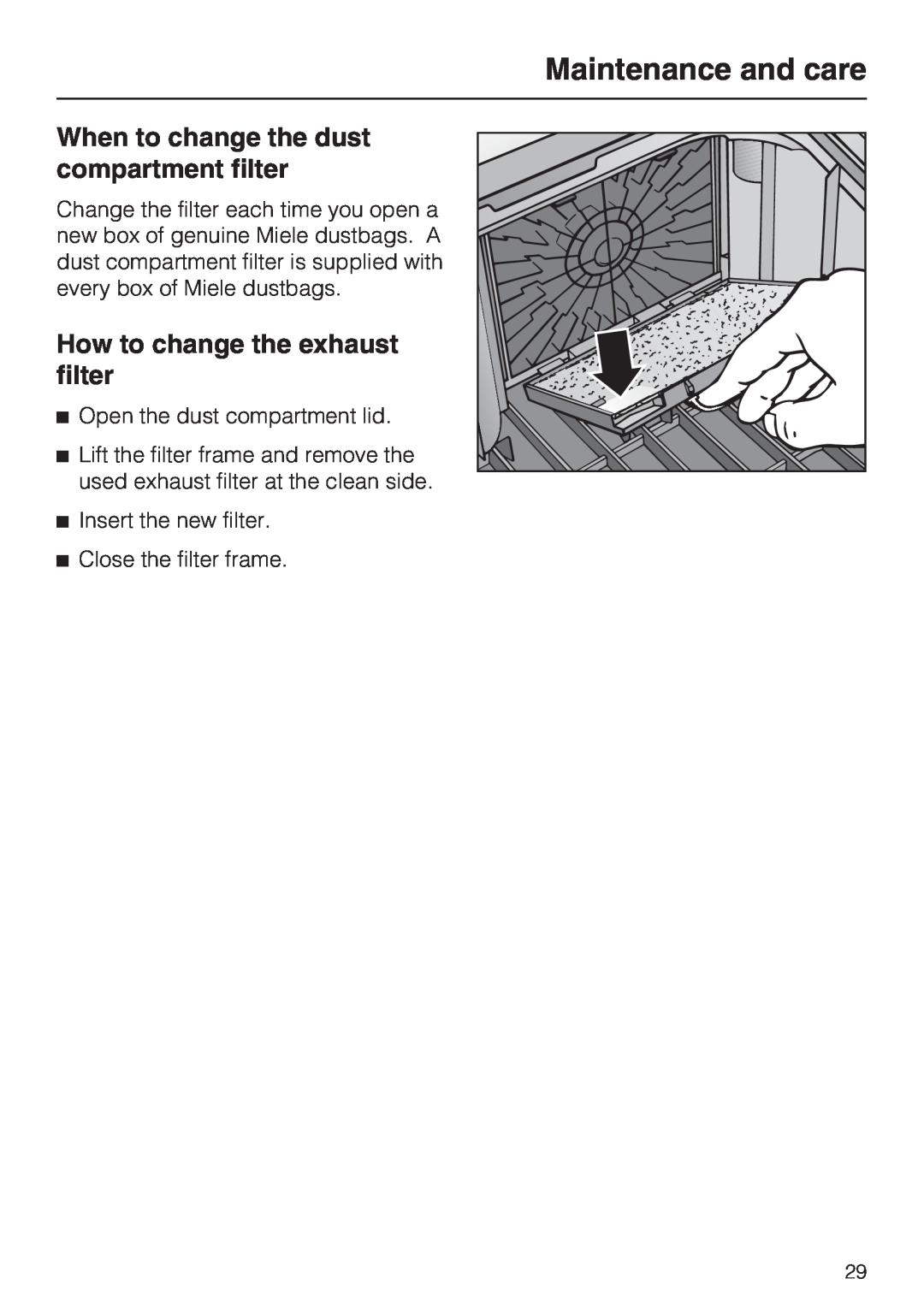 Miele S 5980 When to change the dust compartment filter, How to change the exhaust filter, Maintenance and care 